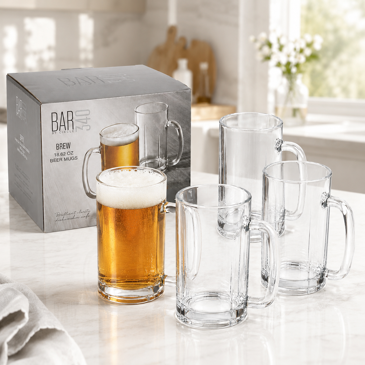 Vasos Cerveceros de Vidrio Transparentes de 18.62 Oz (550ml) . Jarras para Cerveza (Set de 4)