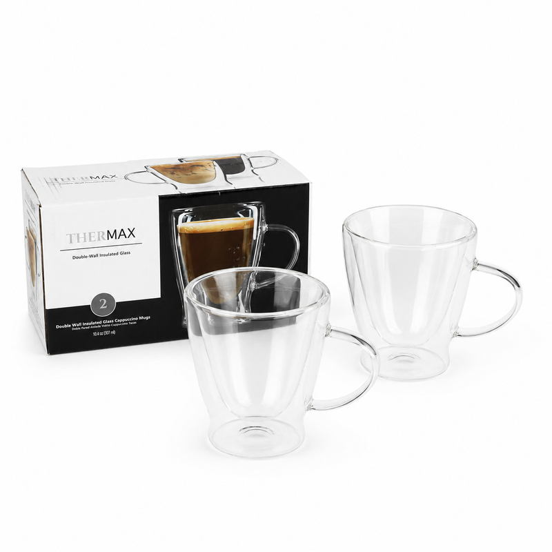 Tazas de Vidrio Doble Pared para Capuchino y Café 10.4 Oz  (307ml). Coffee Mugs Transparentes con Asa para Té y Bebidas (Set de 2)
