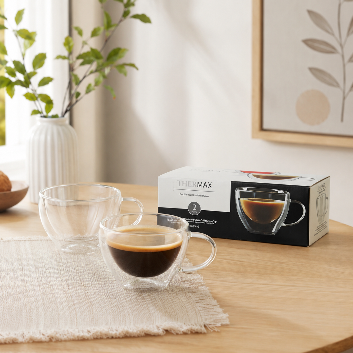 Tazas de Vidrio Doble Pared para Capuchino y Café  8Oz  (330ml). Coffee Mugs Transparente con Asa para Té y Bebidas (Set de 2)