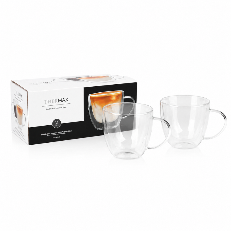 Tazas de Vidrio Doble Pared para Capuchino y Café  14Oz  (410ml). Coffee Mugs Transparente con Asa para Té y Bebidas (Set de 2)