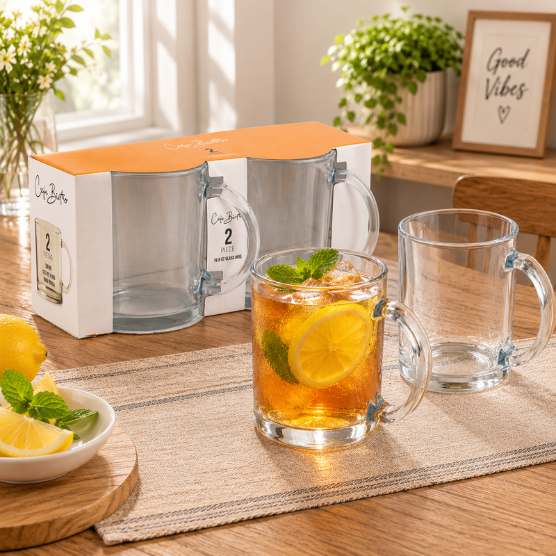Tazas de Vidrio para Café Bistro 16.9 Oz (500ml) con Asa. Coffee Mugs Transparentes (Set de 2)