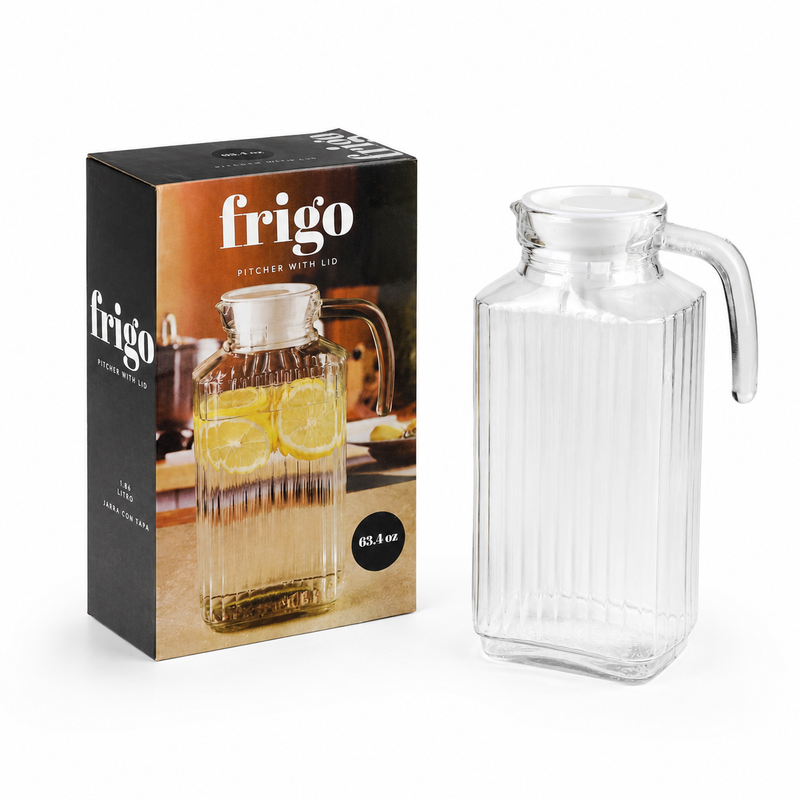 Jarra de Vidrio Transparente Acanalado con Tapa Plástica y Asa 63.4 Oz (1.86 L). Ideal para Agua y Bebidas