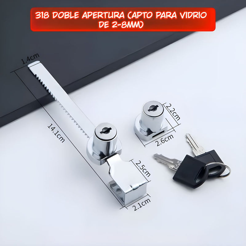 Cerradura Doble para Puertas de Vidrio 2-8mm. Seguro Antirrobo con Llave Maestra Para Exhibidor, Vitrina o congelador.