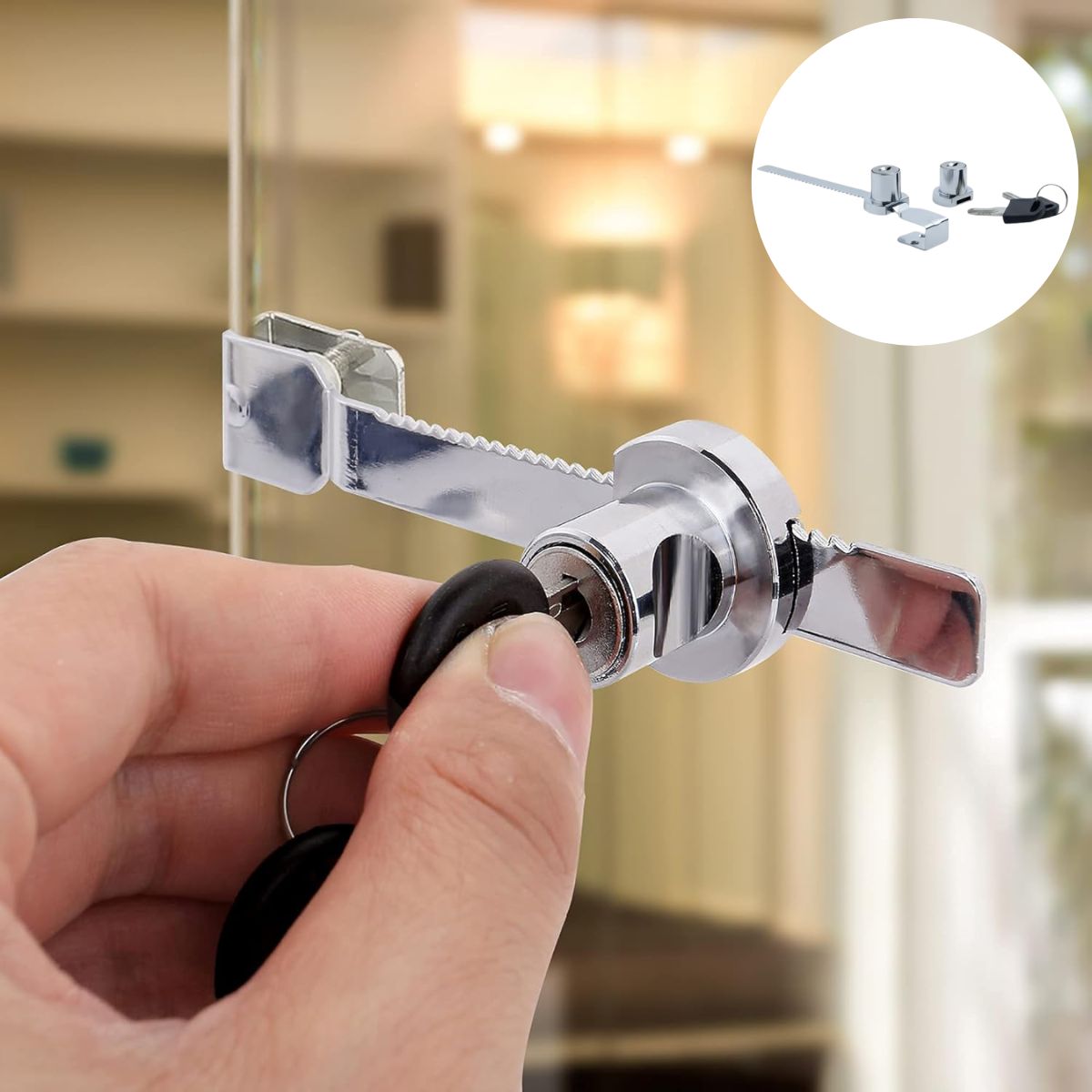 Cerradura Doble para Puertas de Vidrio 2-8mm. Seguro Antirrobo con Llave Maestra Para Exhibidor, Vitrina o congelador.