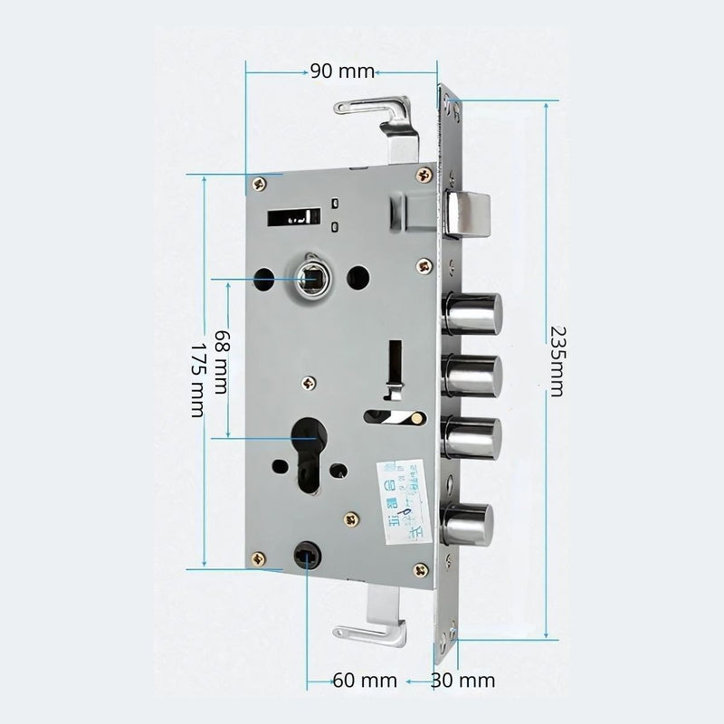 Cerradura De Seguridad Embutida Para Puertas Metálicas 45 a 55mm.  280mmx65mm. Con Cilindro De Acero Inoxidable. Incluye 7 Llaves.  Apertura Derecha Hacia Adentro