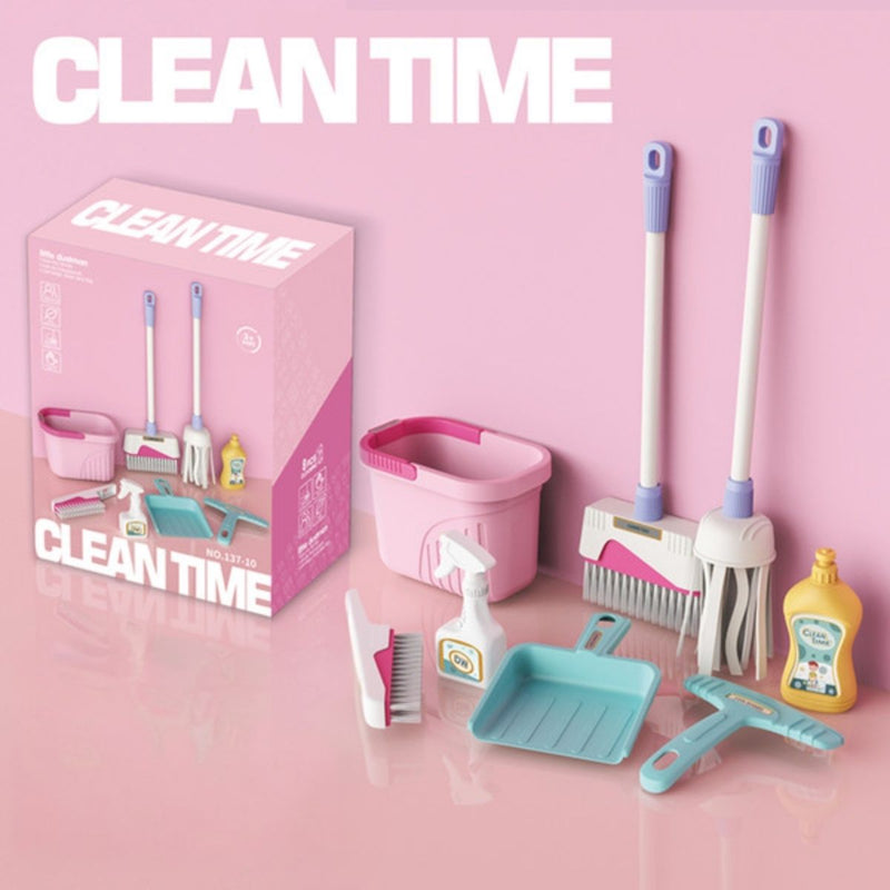 Juguete Juego De Herramientas De Limpieza Infantil. (Set de 8 piezas). Color Rosado.