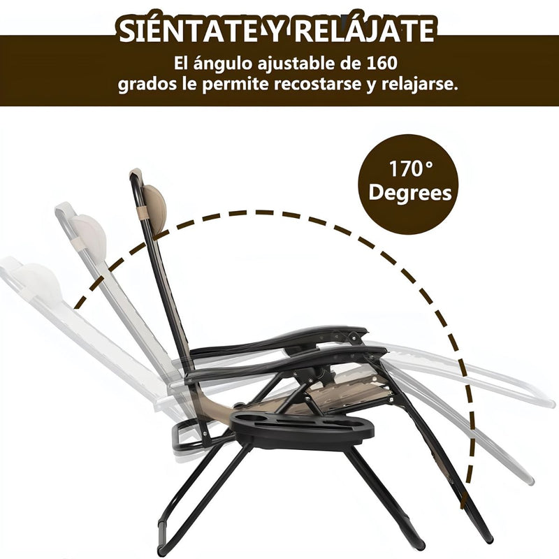 Silla Reclinable Plegable para exteriores con Cojín y Portavasos. Ideal para terraza, Jardín o Camping. Color crema.