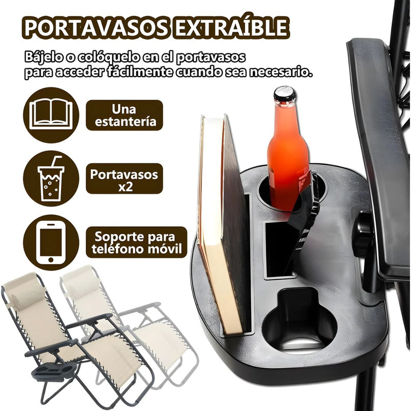 Silla Reclinable Plegable para exteriores con Cojín y Portavasos. Ideal para terraza, Jardín o Camping. Color crema.