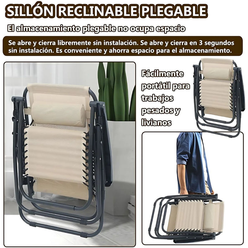 Silla Reclinable Plegable para exteriores con Cojín y Portavasos. Ideal para terraza, Jardín o Camping. Color crema.