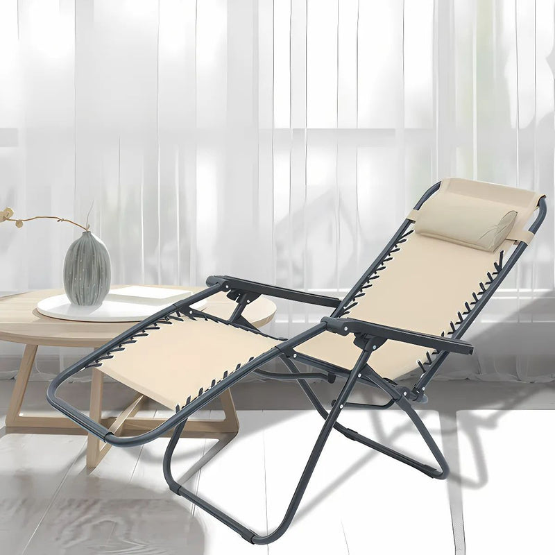 Silla Reclinable Plegable para exteriores con Cojín y Portavasos. Ideal para terraza, Jardín o Camping. Color crema.