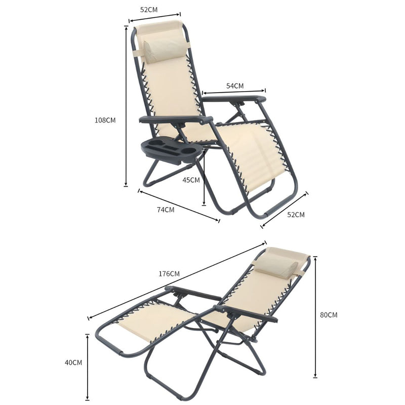 Silla Reclinable Plegable para exteriores con Cojín y Portavasos. Ideal para terraza, Jardín o Camping. Color crema.