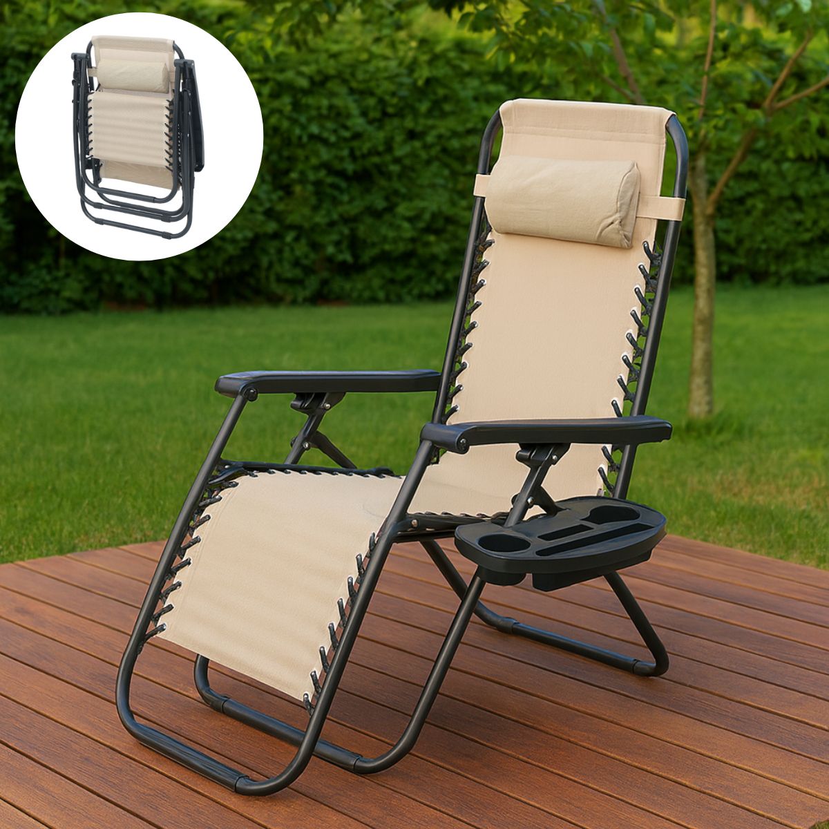 Silla Reclinable Plegable para exteriores con Cojín y Portavasos. Ideal para terraza, Jardín o Camping. Color crema.