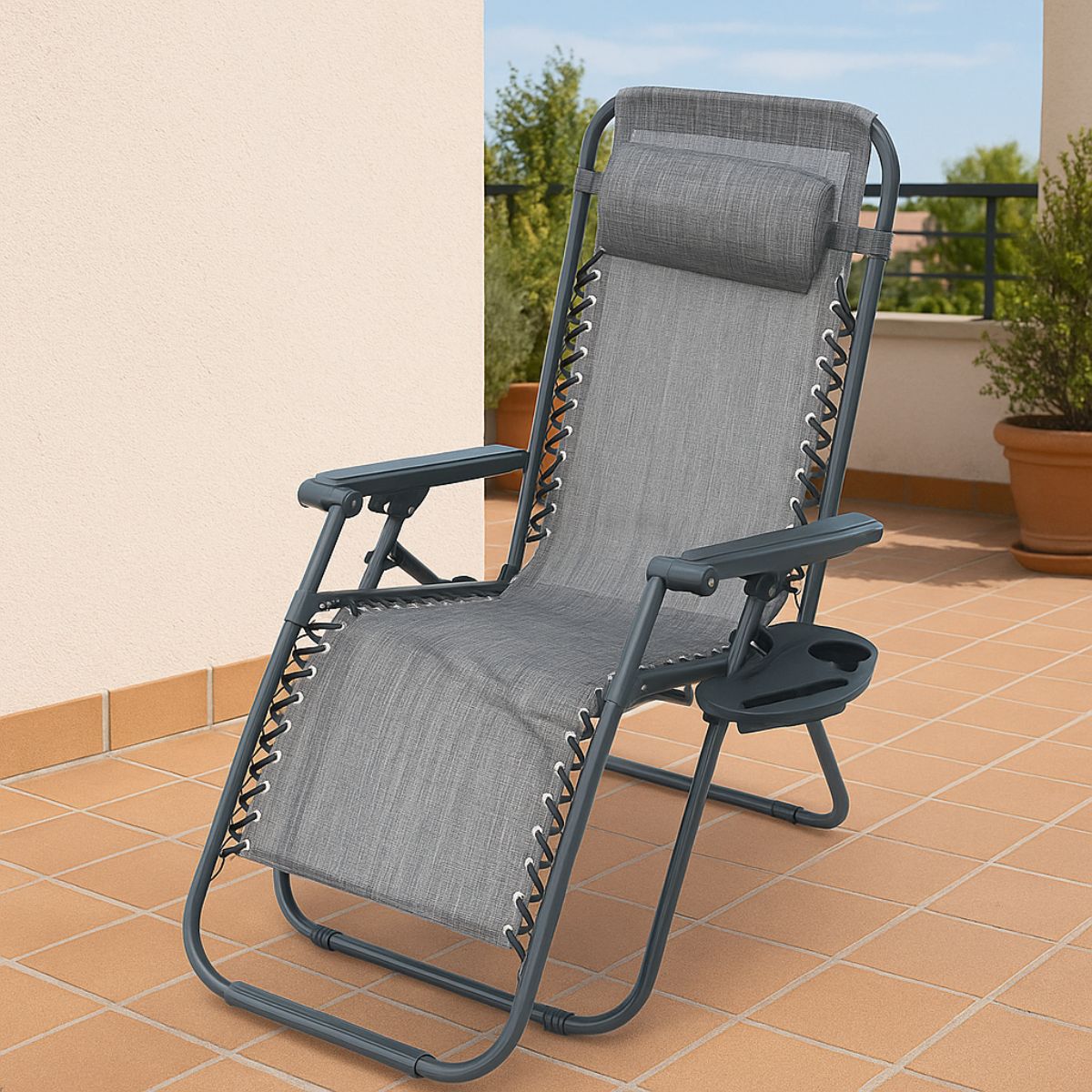 Silla Reclinable Plegable para exteriores con Cojín y Portavasos. Ideal para terraza, Jardín o Camping. Color gris.