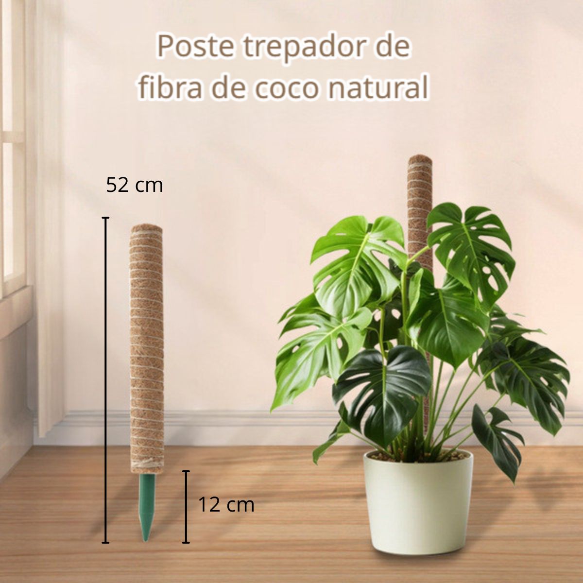 Poste De Fibra De Coco Natural 52cm x 12 cm Para Plantas trepadoras (Unidad). Poste de musgo. Ideal para enderezar y guiar plantas.