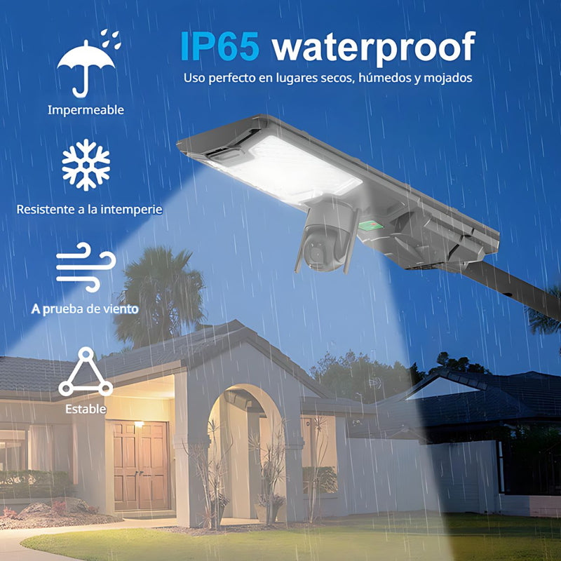 Lámpara Solar LED 300W De Exterior Con Cámara WiFi De Seguridad IP65. Foco con panel solar. Luz blanca.