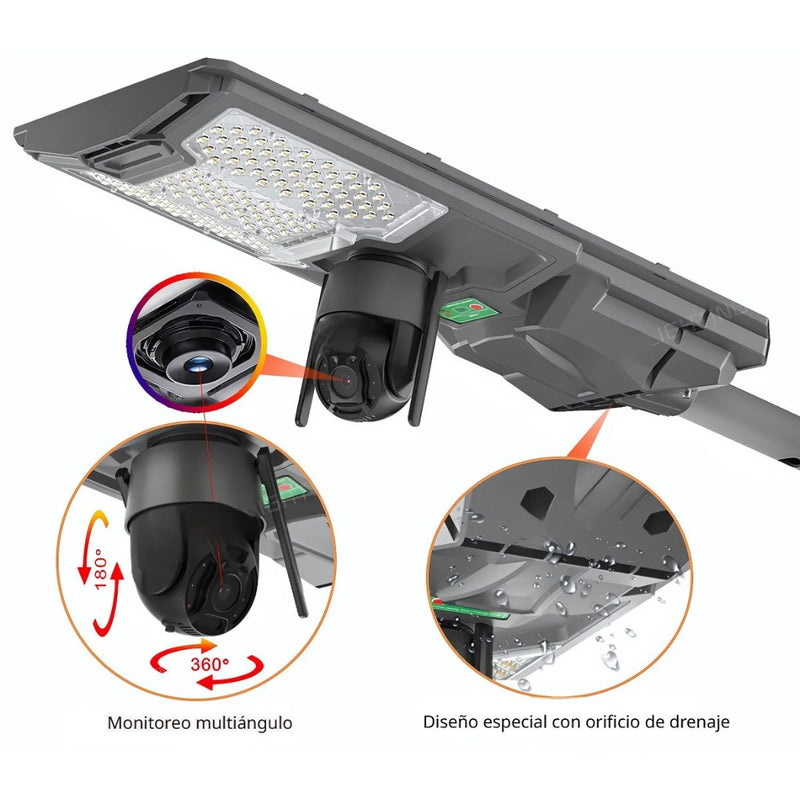 Lámpara Solar LED 300W De Exterior Con Cámara WiFi De Seguridad IP65. Foco con panel solar. Luz blanca.