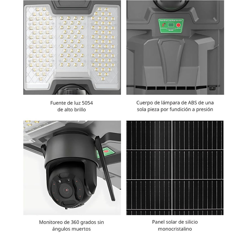 Lámpara Solar LED 300W De Exterior Con Cámara WiFi De Seguridad IP65. Foco con panel solar. Luz blanca.