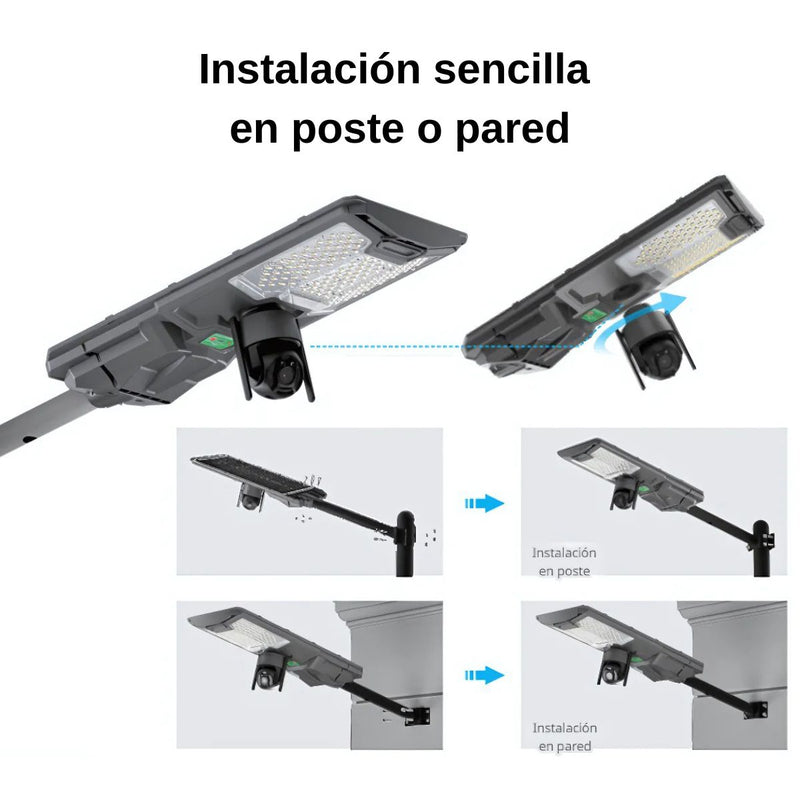 Lámpara Solar LED 300W De Exterior Con Cámara WiFi De Seguridad IP65. Foco con panel solar. Luz blanca.