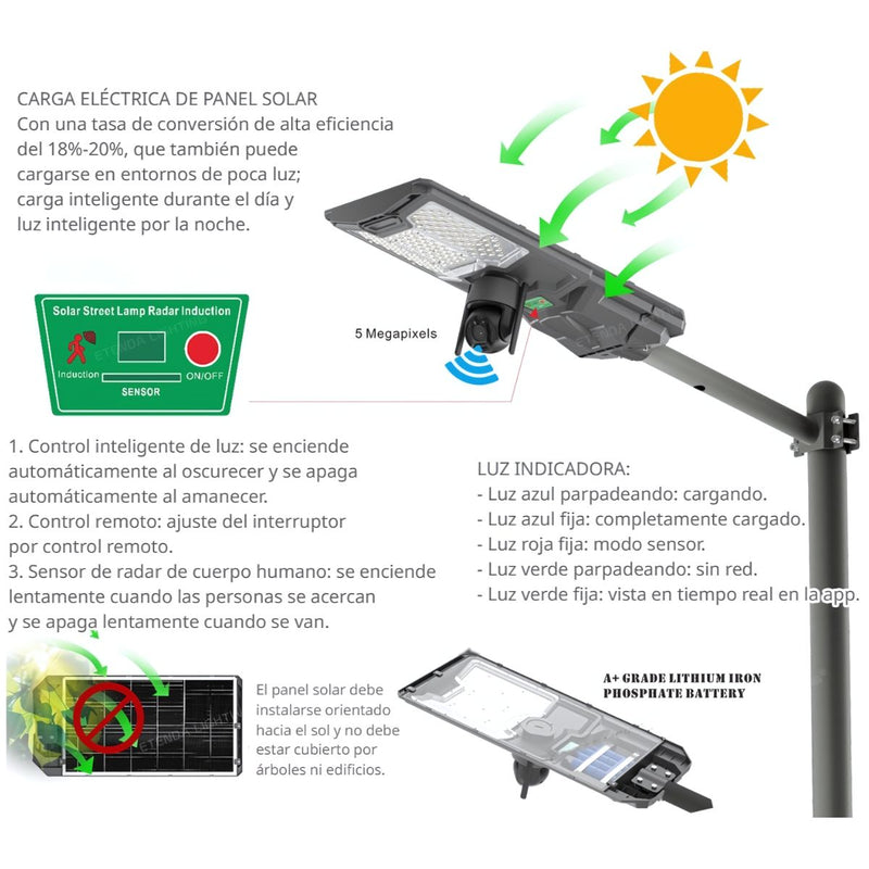 Lámpara Solar LED 300W De Exterior Con Cámara WiFi De Seguridad IP65. Foco con panel solar. Luz blanca.