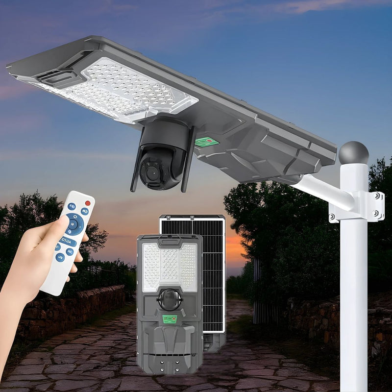 Lámpara Solar LED 500W De Exterior Con Cámara WiFi De Seguridad IP65. Foco con panel solar. Luz blanca.