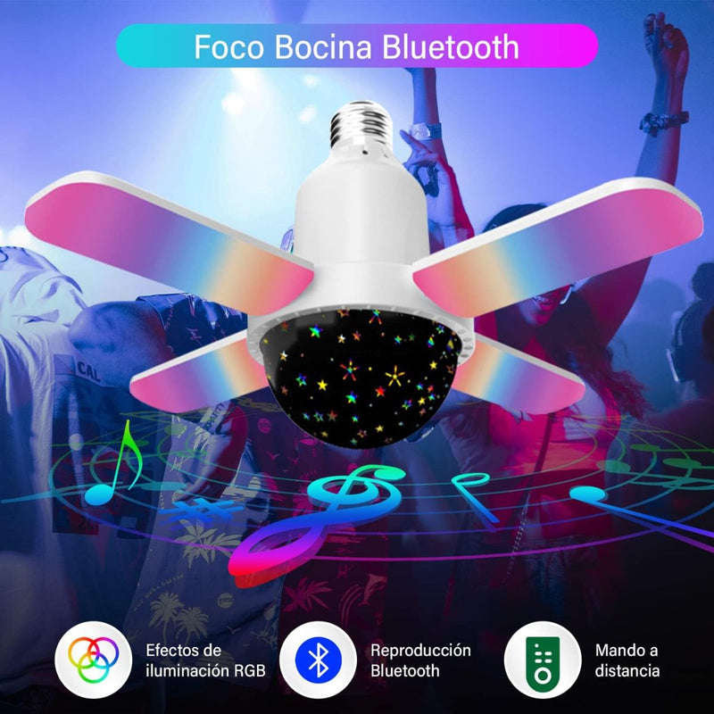 Foco Bombillo LED con Bocina Integrada Bluetooth. Lámpara Musical RGB con Proyector Estrellado y Control Remoto. Tipo discoteca cielo estrellado de coloes