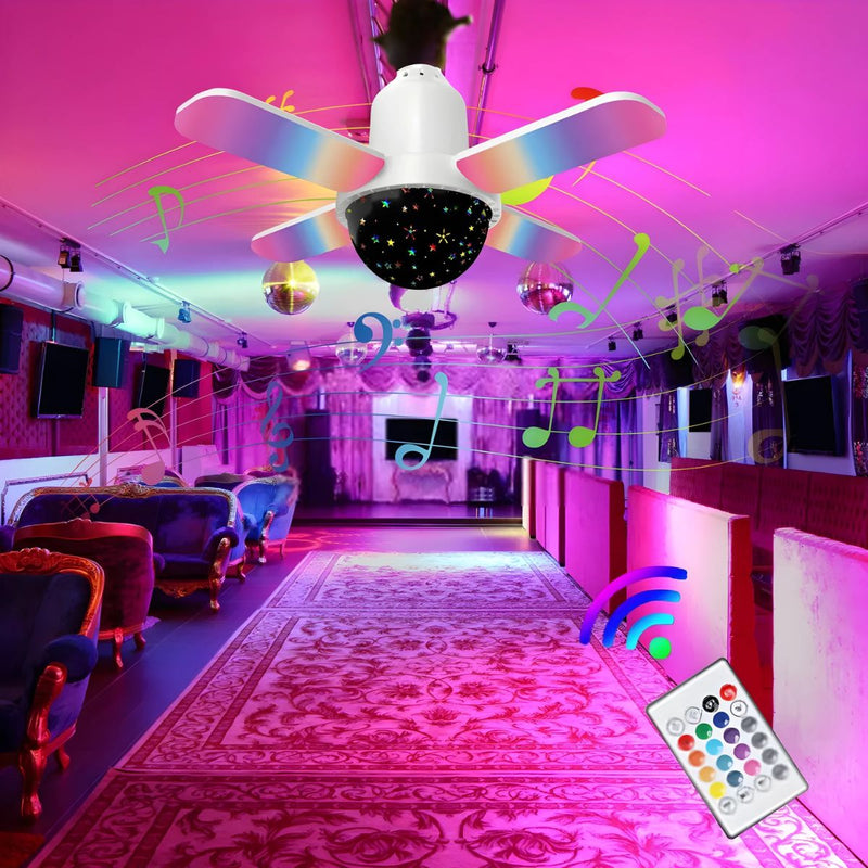 Foco Bombillo LED con Bocina Integrada Bluetooth. Lámpara Musical RGB con Proyector Estrellado y Control Remoto. Tipo discoteca cielo estrellado de coloes