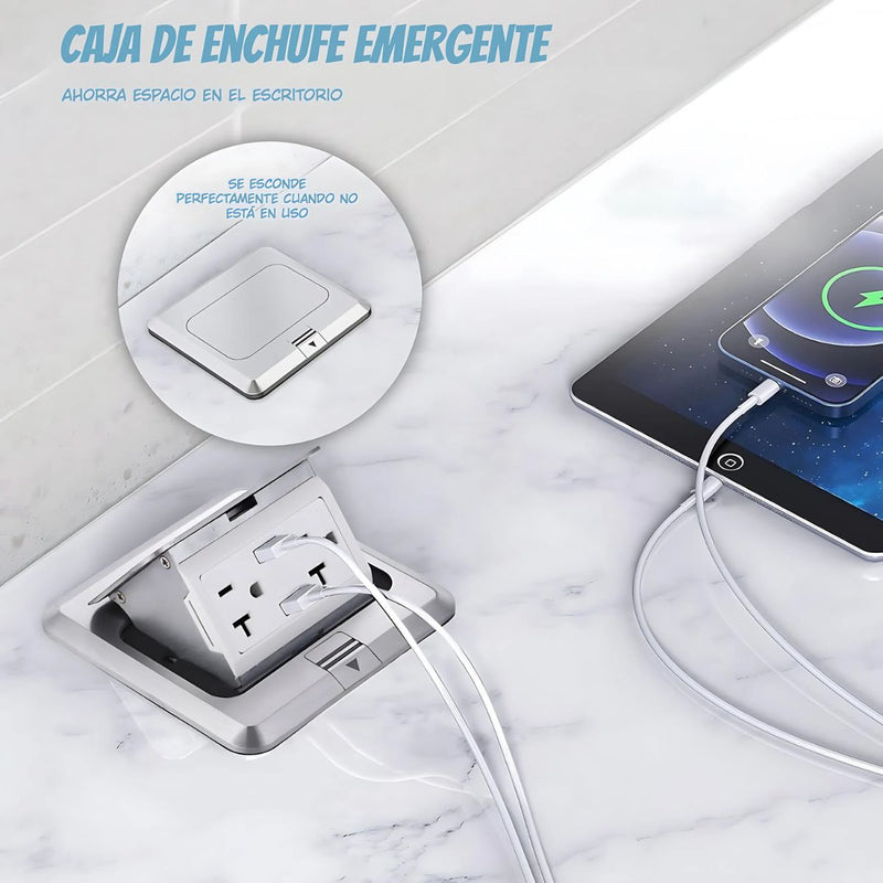 Caja De Enchufe tomacorriente de piso Empotrable Con Diseño Emergente. 2 Tomas De Corriente Y 2 Puertos USB. Enchufe De Escritorio.