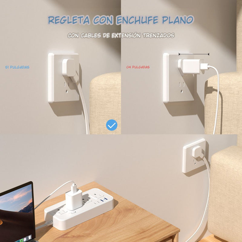Regleta Toma Corriente De 8 Salidas, 2 Puertos USB Tipo A Y 2 Puertos Tipo C. Adaptador Carga Rápida.