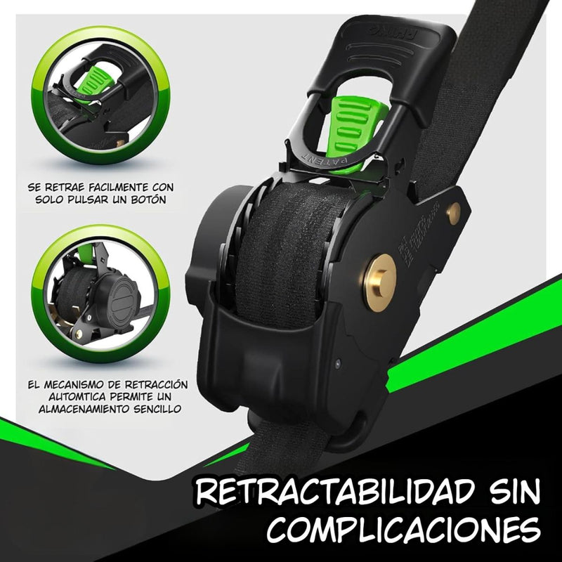 Correa De Amarre Retráctil (3m). Sujetador con Ganchos En S Con Seguro. Eslinga Cinta de sujeción Automática Para Carga Y Transporte. 500kg