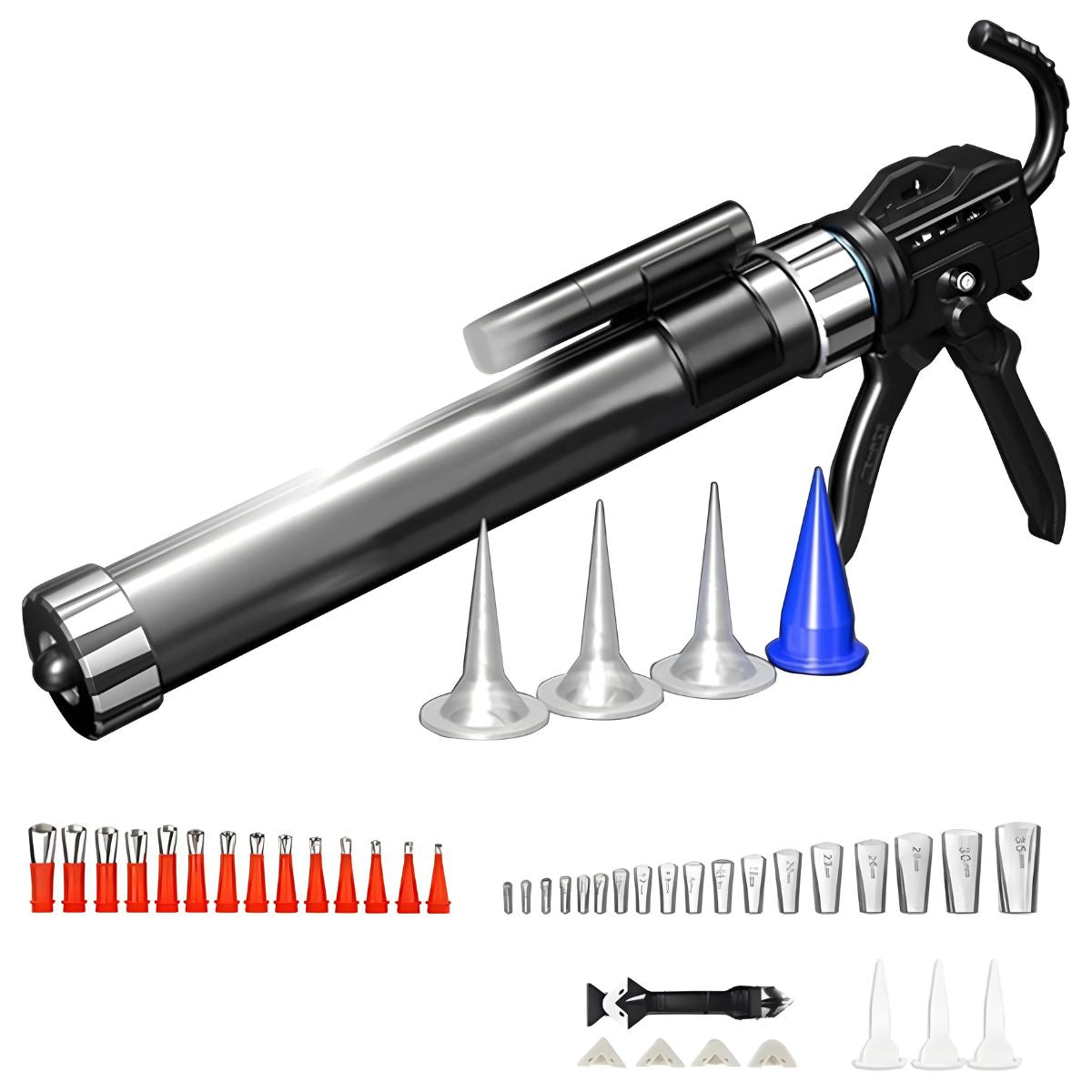 Pistola De Calafateo Profesional con linterna incorporada Para Silicona. Aplicador De Cartuchos, Adhesivos, salchichas Y Selladores. Calafateadora. 19 axis luxury (set de 48 piezas)