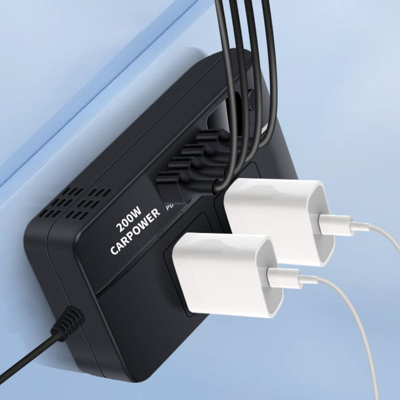 Inversor De voltaje Corriente Para Auto 200W. Convierte 12V a 110V. Adaptador De Carro Con 2 Tomas Y 4 Puertos USB.