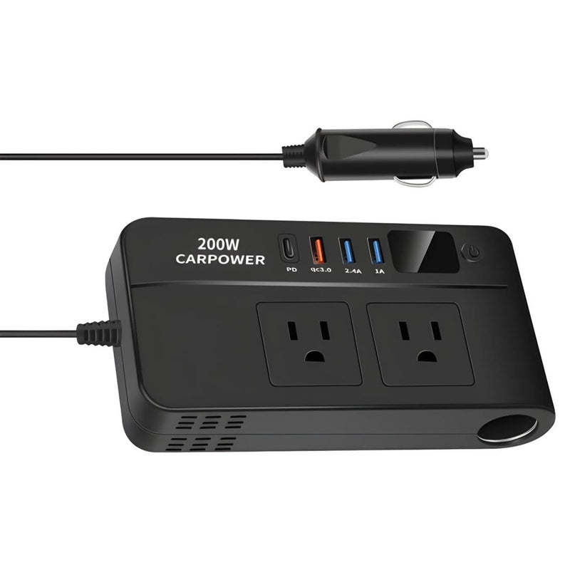 Inversor De voltaje Corriente Para Auto 200W. Convierte 12V a 110V. Adaptador De Carro Con 2 Tomas Y 4 Puertos USB.