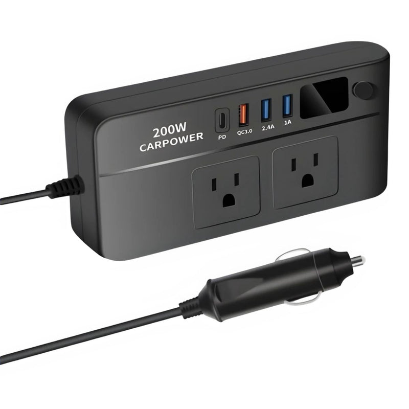 Inversor De voltaje Corriente Para Auto 200W. Convierte 12V a 110V. Adaptador De Carro Con 2 Tomas Y 4 Puertos USB.