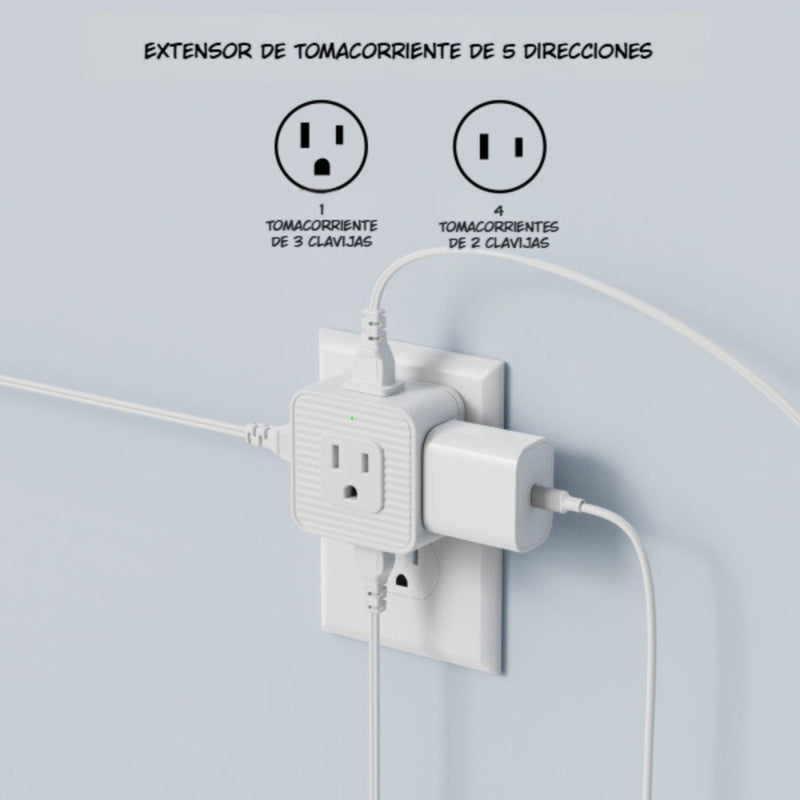 Regleta T Extensor De Tomacorrientes De Pared 5 En 1. Adaptador De Enchufe Compacto. Multiplicador De Tomas Eléctricas.