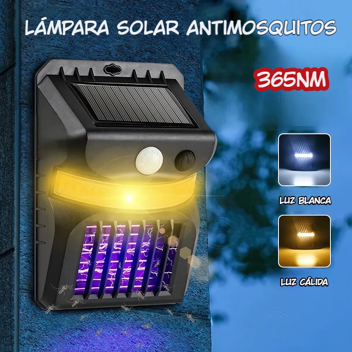 Lámpara Solar Antimosquitos De 26 LED Con Sensor De Movimiento. Luz Blanca Y Cálida. Trampa Mata Insectos con panel solar.