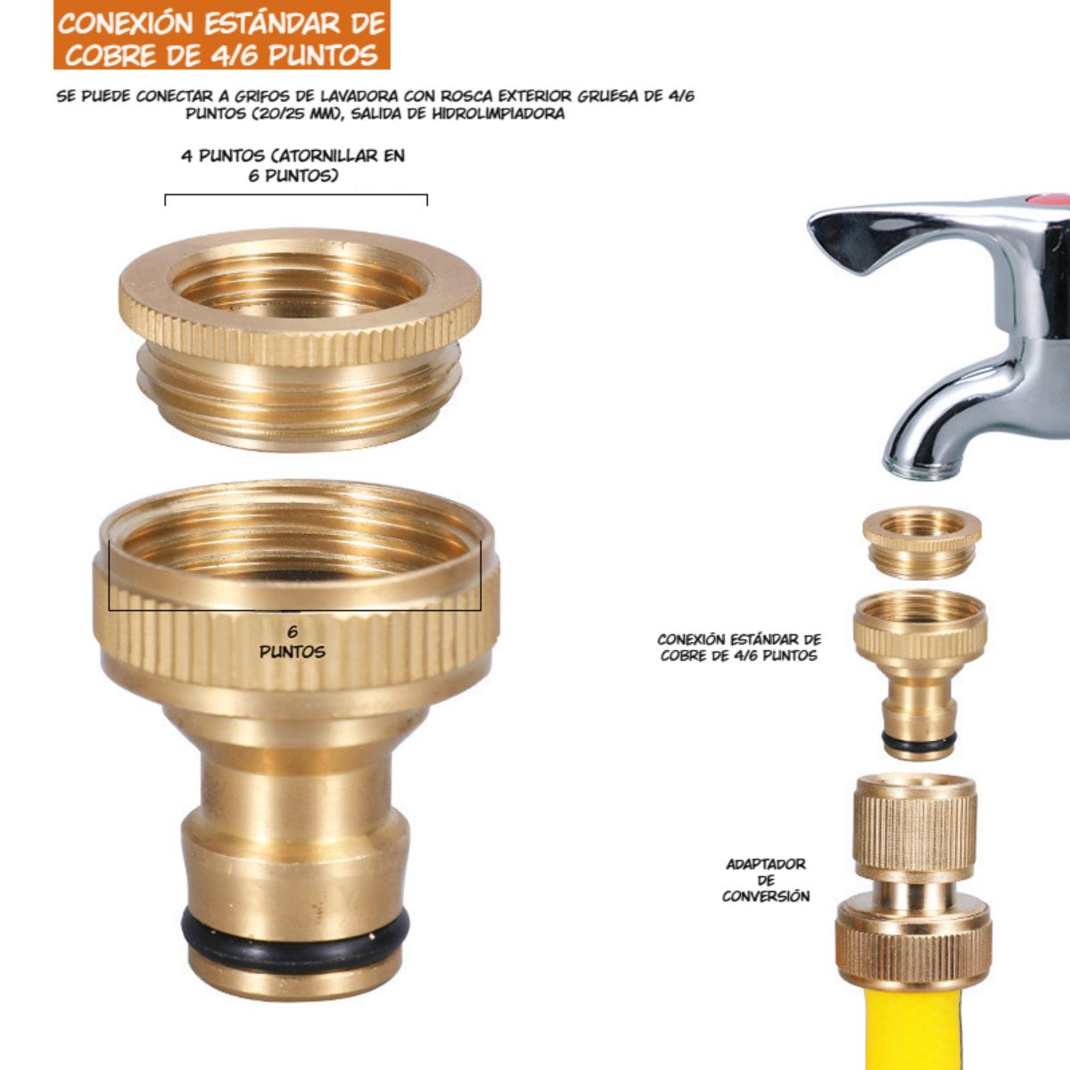 Adaptador De Grifo Para Manguera De Jardín. Conector Rápido De Latón De 4/6 Puntos.