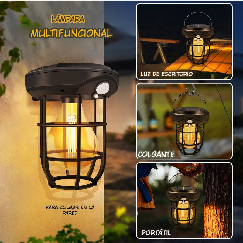 Lámpara Solar LED Portátil Con Sensor De Movimiento. Foco Luz Para Exterior Con Asa De Colgar y Panel Solar.