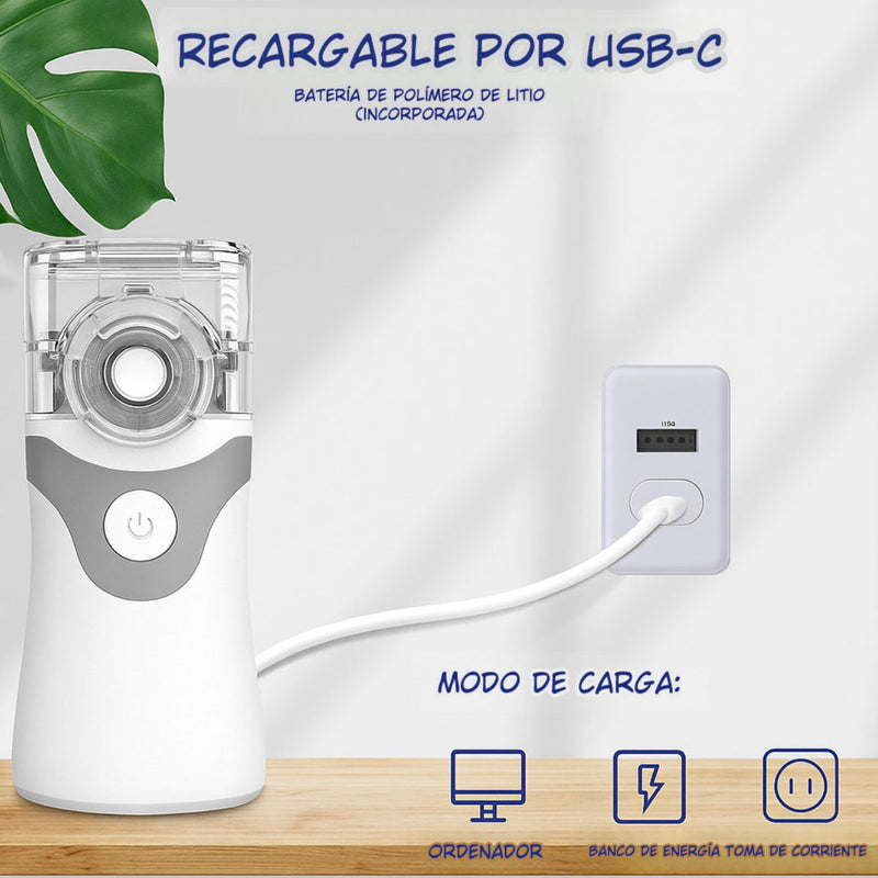 Nebulizador Portátil Recargable Por USB-C. Inhalador De Mano Silencioso Para Asma, Tos, Resfriado y Alergias.