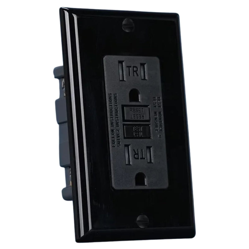 Tomacorriente GFCI 15A Con Protección Contra Fallas a Tierra. Enchufe Eléctrico Con Seguro TR. Color Negro.