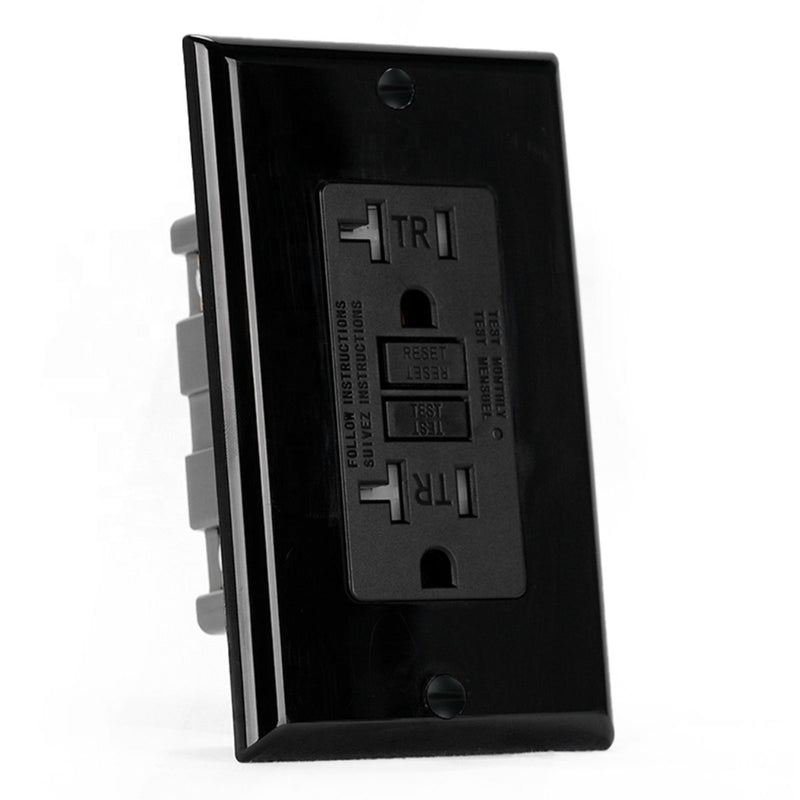 Tomacorriente GFCI 20A Con Protección Contra Fallas a Tierra. Enchufe Eléctrico Con Seguro TR. Color Negro.