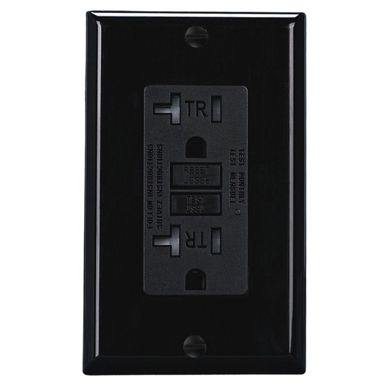 Tomacorriente GFCI 20A Con Protección Contra Fallas a Tierra. Enchufe Eléctrico Con Seguro TR. Color Negro.
