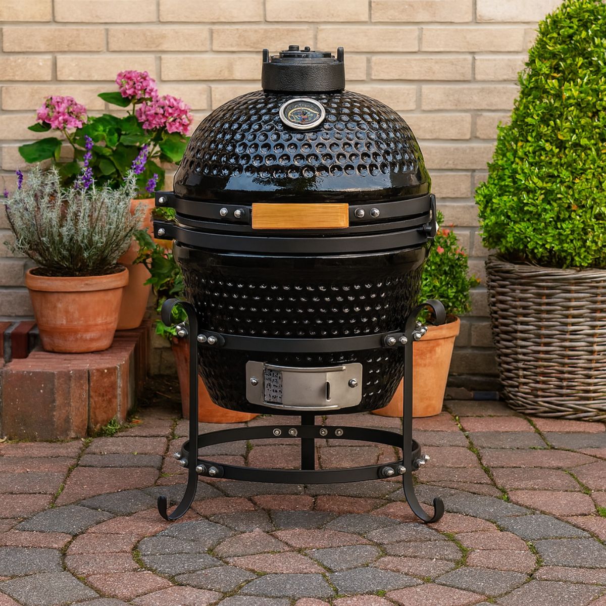 Barbacoa Kamado A Carbón. Parrilla De Cerámica Portátil 13 Pulgadas: Asador, Horno Y Ahumador. BBQ con Termómetro Integrado. Color negro