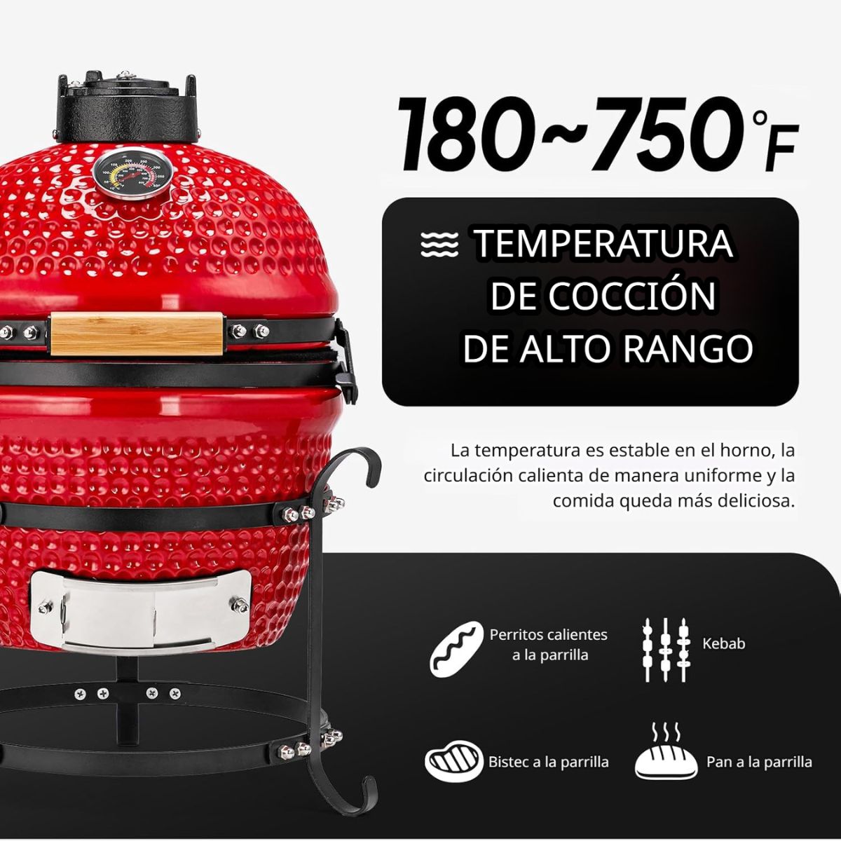 Barbacoa Kamado A Carbón . Parrilla De Cerámica Portátil 13 Pulgadas: Asador, Horno Y Ahumador. BBQ Color rojo.