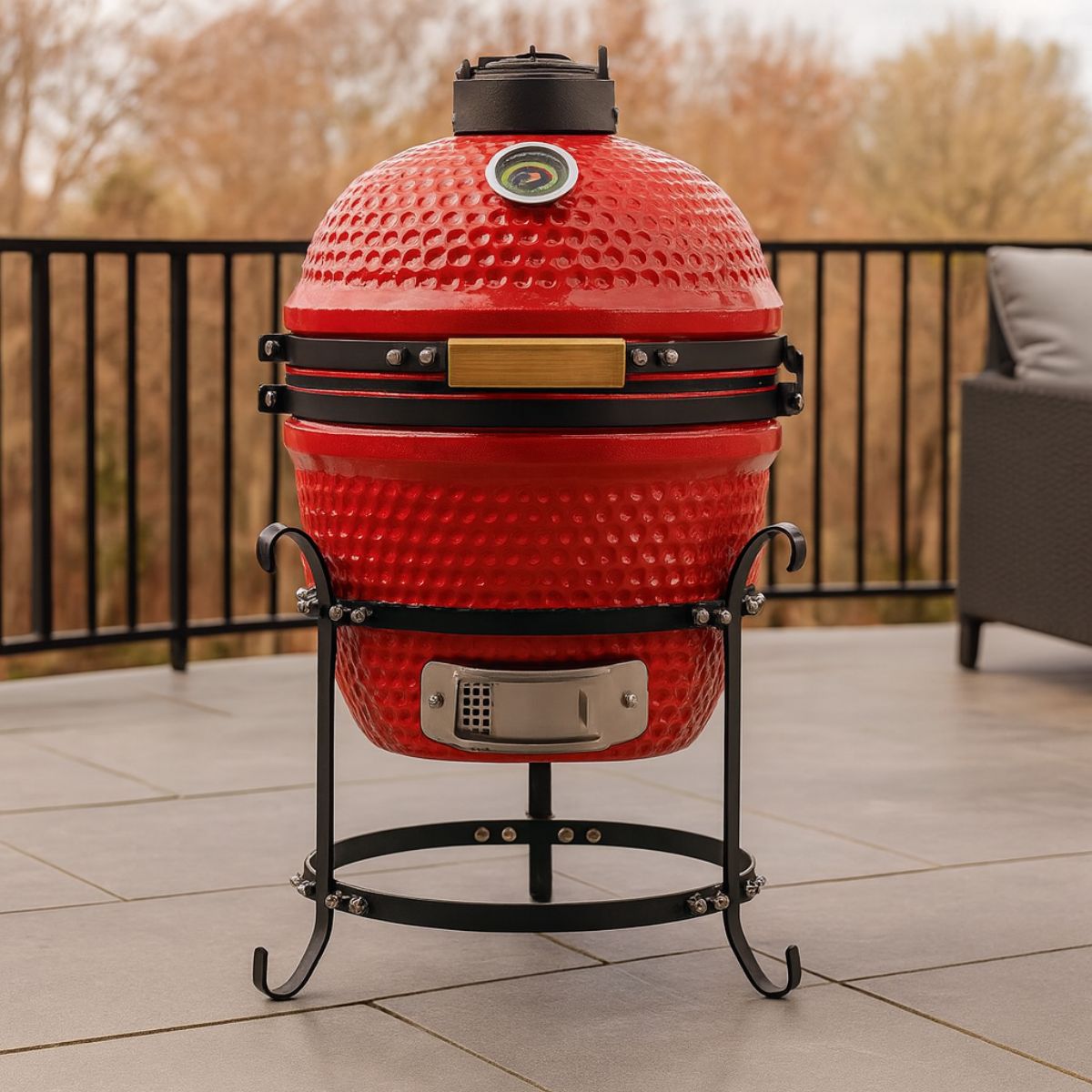 Barbacoa Kamado A Carbón . Parrilla De Cerámica Portátil 13 Pulgadas: Asador, Horno Y Ahumador. BBQ Color rojo.