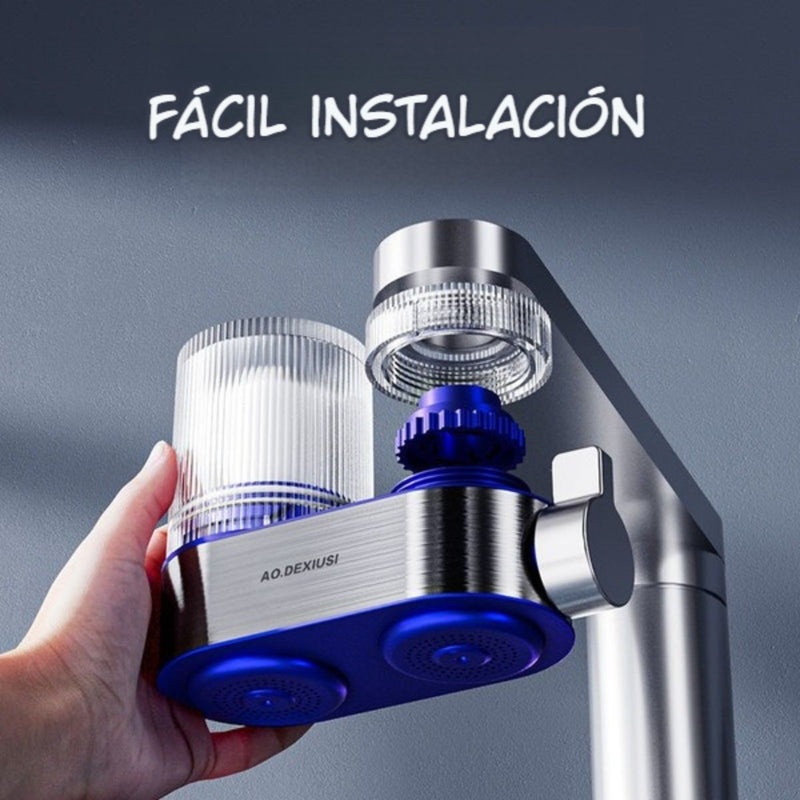Purificador de agua para grifo Filtro de agua para llave de cocina. (Incluye 6 repuestos). Fácil instalación y doble salida.
