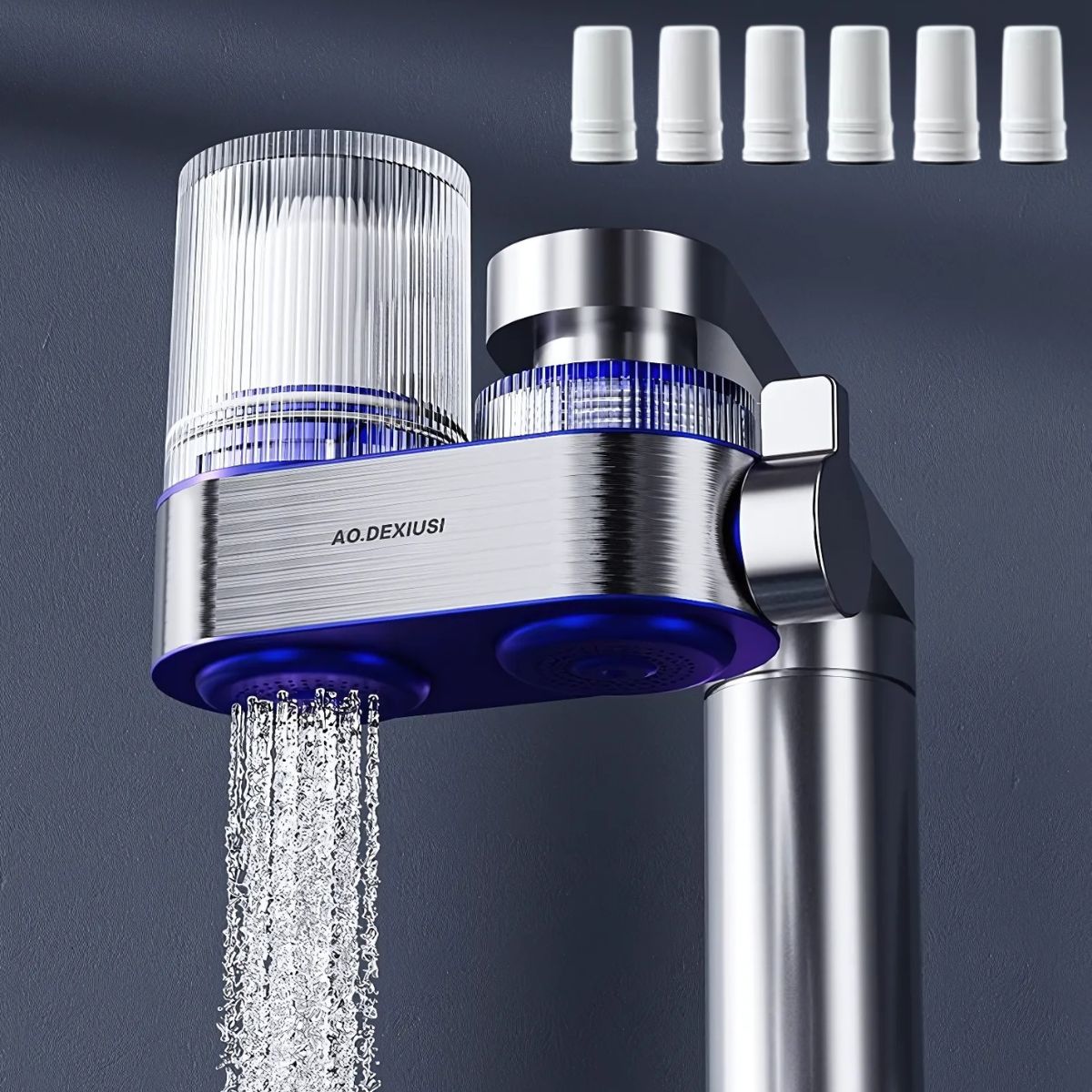 Purificador de agua para grifo Filtro de agua para llave de cocina. (Incluye 6 repuestos). Fácil instalación y doble salida.