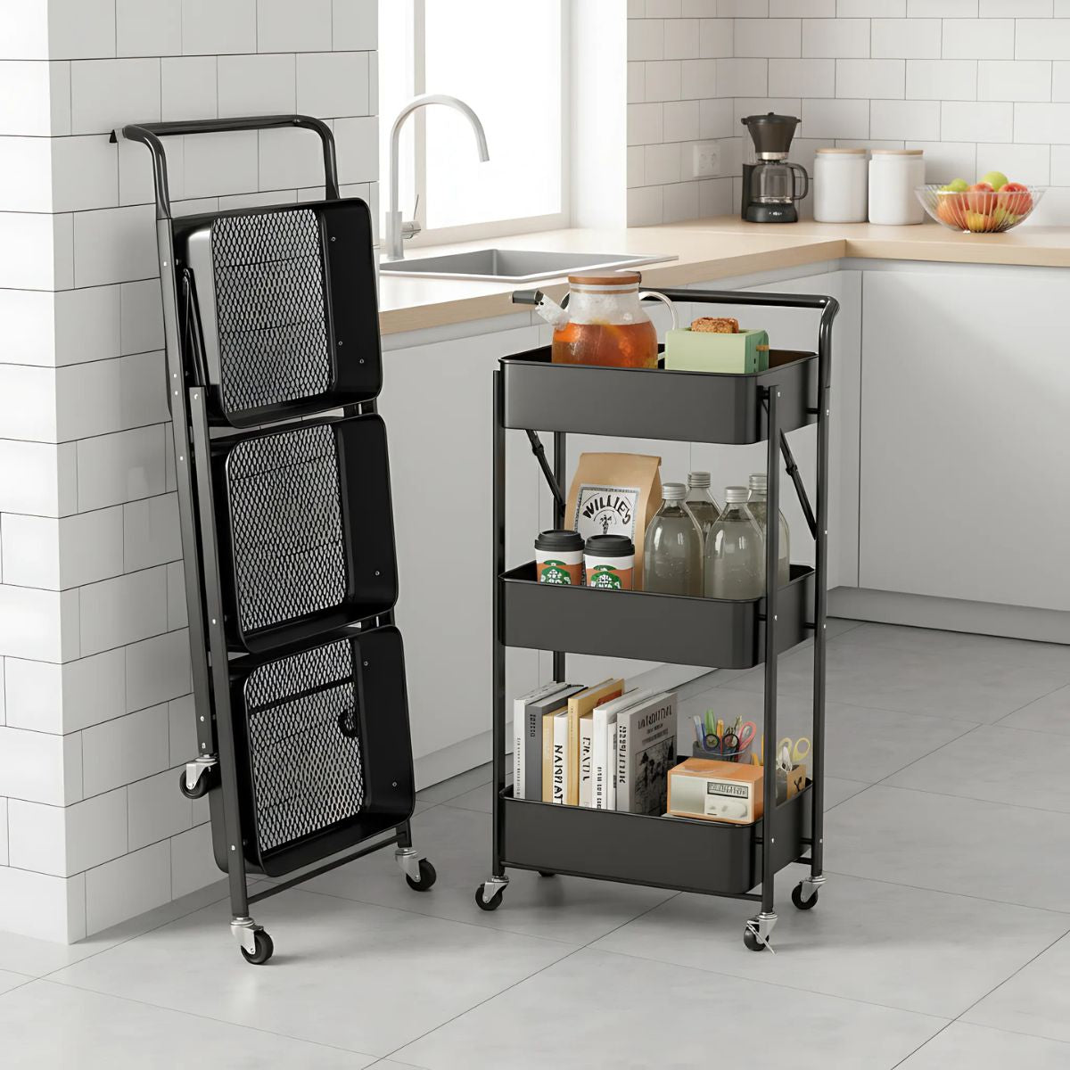 Carrito Organizador de 3 Niveles con Ruedas. Estantería Plegable de Almacenamiento. Estante organizador. Color negro.