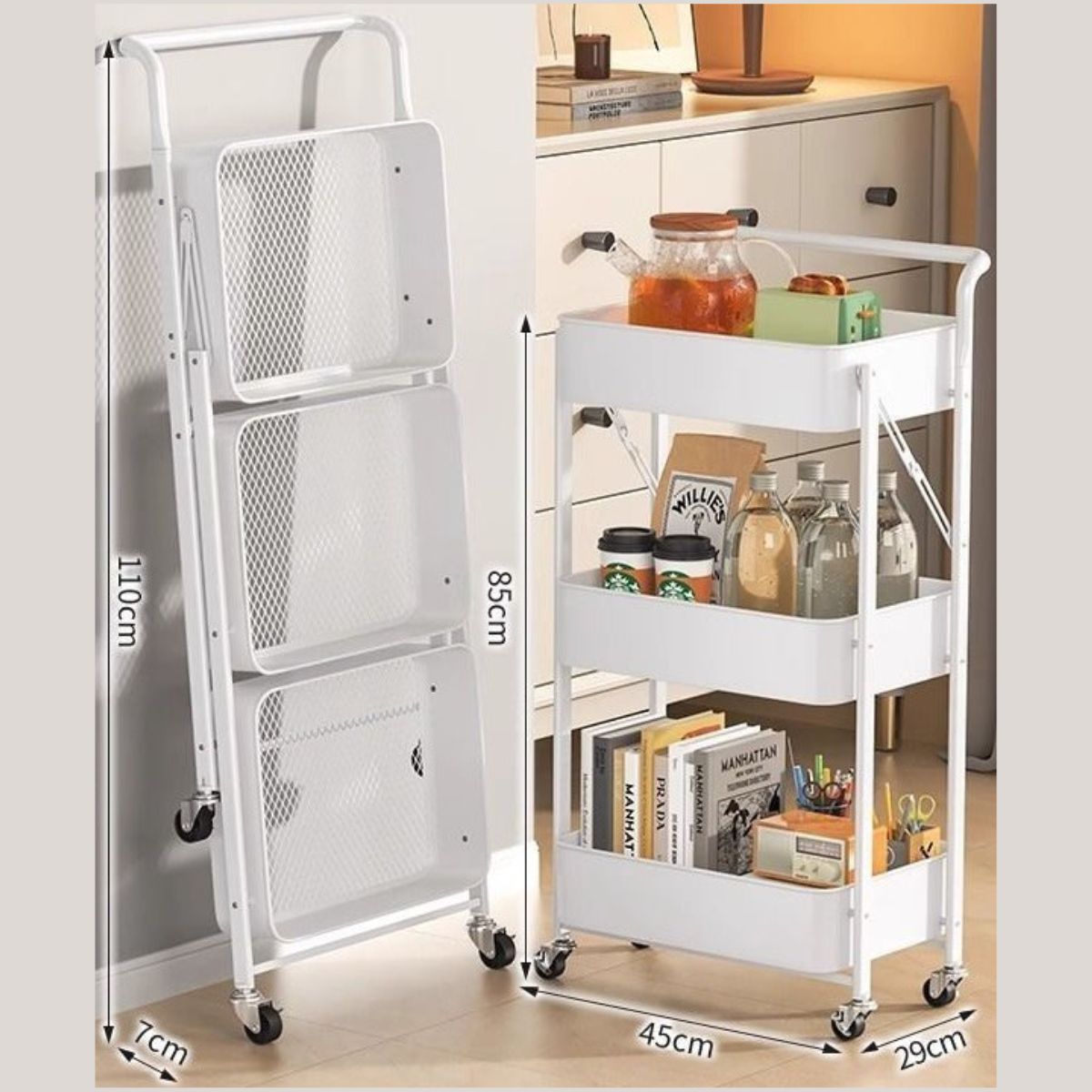 Carrito Organizador de 3 Niveles con Ruedas. Estantería Plegable de Almacenamiento. Estante organizador. Color blanco.