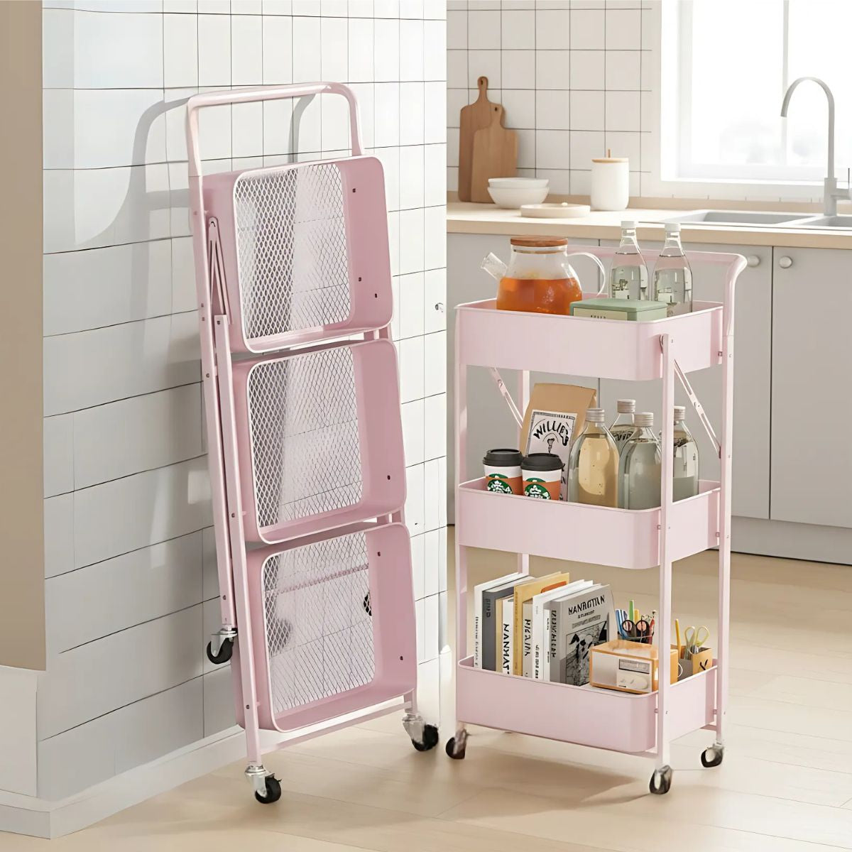 Carrito Organizador de 3 Niveles con Ruedas. Estantería Plegable de Almacenamiento. Estante organizador. Color rosado.