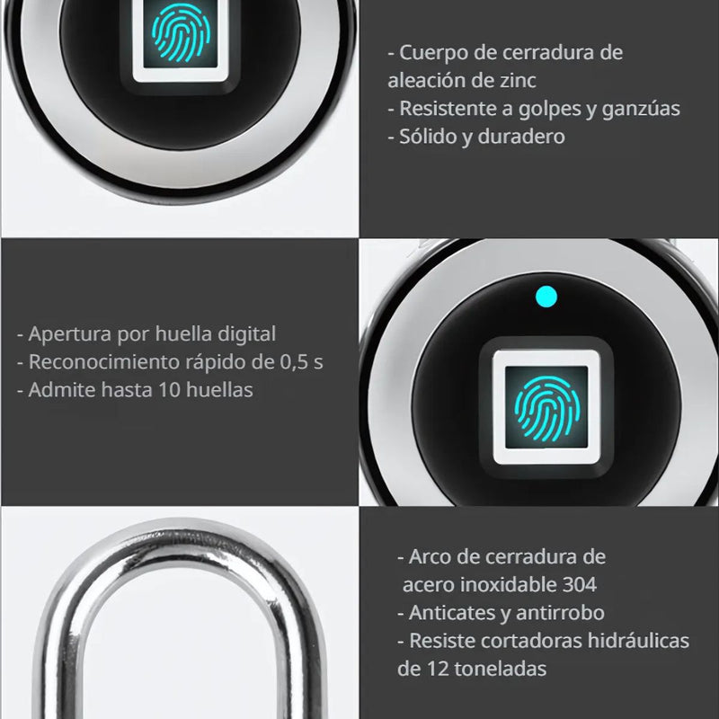 Candado Inteligente con Huella Digital Resistente al Agua IP65. Cuerpo Metálico Antirrobo. Smart lock.